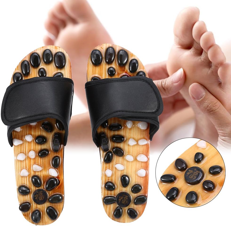 xuuyuu Foot Massage Slippers, Red/Black Powerful Natural Stone Feet Acupoint Massage Sandals Acupressure Shiatsu Arch Pain Relief Slippers Shoes for Men Women(40-Black)
